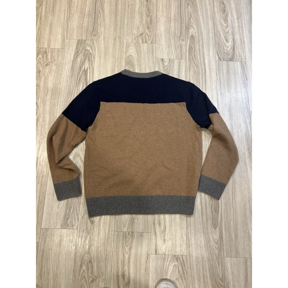 J Crew Sweater Mens 100% Wool Crewneck Tan/Blue/Silver Color-block EUC Large